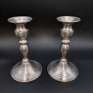 Vintage Web Pewter Weighted Candlestick Holders Pair MCM Colonial Baluster Set